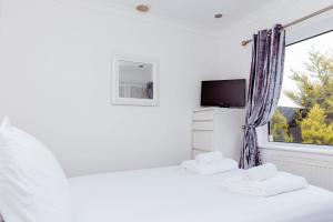 1 dormitorio con 1 cama, TV y ventana en Willow Chalet near Cartmel & Lake Windermere en Flookburgh