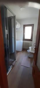 a bathroom with a shower and a toilet and a window at Ca' del bau in Chiesa in Valmalenco