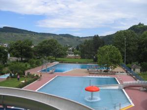 ein großer Pool mit einem roten Ball im Wasser in der Unterkunft Haus Klosterblick in Kröv