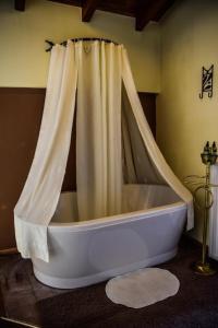 a bath tub with a shower curtain in a bathroom at Evergreen Suites in Synikia Mesi Trikalon
