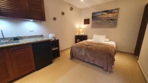 a bedroom with a bed and a sink in it at Coralito Malecon Luxury Studio in Isla Mujeres