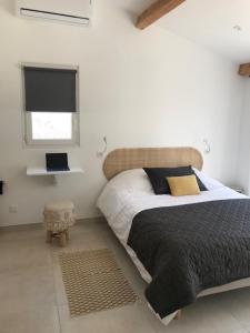 1 dormitorio con cama, ventana y TV en Ti'colombier d Azur en Trans-en-Provence