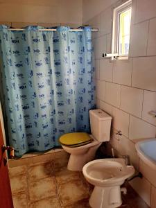 La salle de bains est pourvue de toilettes et d'un rideau de douche bleu. dans l'établissement NEUQUEN alojamiento, à Neuquén