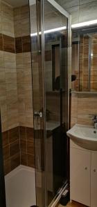 La salle de bains est pourvue d'une douche et d'un lavabo. dans l'établissement U Jirky, à Bohuňovice