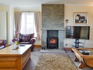 a living room with a fireplace and a tv at Drummygar Mains in Carmyllie