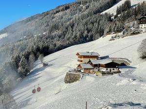 een skihut aan de kant van een met sneeuw bedekte berg bij Ferienwohnung Traumblick -Familie Seber in Mittersill