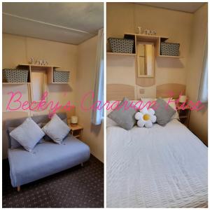 two pictures of a bedroom with a bed and a couch at Becky's Caravan at Marton Mere in Blackpool