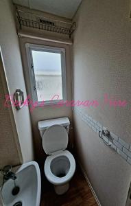 a bathroom with a toilet and a sink and a window at Becky's Caravan at Marton Mere in Blackpool