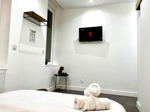 Zimmer mit einem Bett und einem TV an der Wand in der Unterkunft MMGreenhouse - Fictus - Tourcoing in Tourcoing