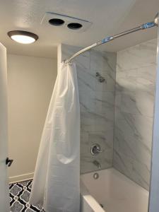 y baño con ducha y cortina de ducha. en :::Hillsboro Inn - Apartment:::, 