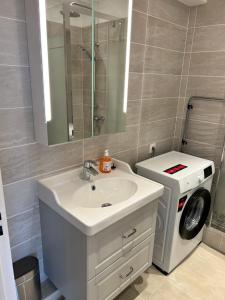 a bathroom with a sink and a washing machine at Roosevelt Cosy 2BR Easy Access to Paris Free parking in Saint-Germain-en-Laye
