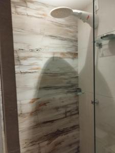 y baño con ducha y pared de madera. en Residencial Letícia Miranda en Aracajú