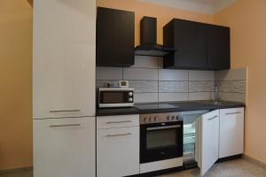 una cucina con elettrodomestici bianchi e armadietti neri di Lia Apartman Pécs a Pécs
