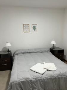 una camera da letto con un grande letto con due comodini di Departamento 2 habitaciones planta baja Hasta 4 huéspedes a Tunuyán