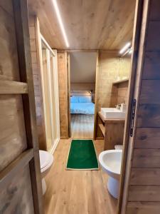 La salle de bains est pourvue de 2 toilettes, d'un lavabo et d'un tapis vert. dans l'établissement Glamping Grancia, à Grosseto