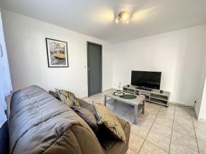 ein Wohnzimmer mit einem Sofa und einem TV in der Unterkunft Spacieux T2 tout confort in Tarbes
