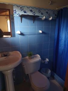 uma casa de banho azul com um WC e um lavatório em Finca La Luisa en Rozo - cerca a Cali em Rozo