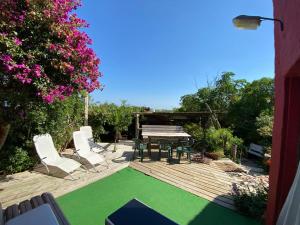 d'une terrasse avec une table, des chaises et une pelouse verdoyante. dans l'établissement Rumba2, à Punta del Este
