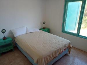 1 dormitorio con 1 cama con 2 mesitas de noche y una ventana en La Higuerita 