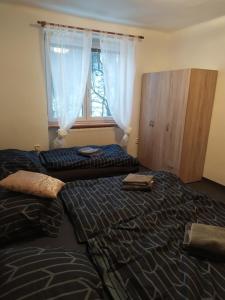 sypialnia z 2 łóżkami i oknem w obiekcie Rodinný apartmán Nová Seninka w mieście Staré Město