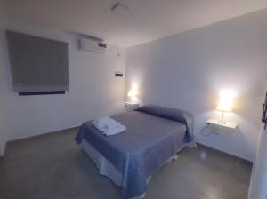 Habitación con 1 cama, 2 lámparas y TV. en Complejo Claret Departamento B, Zona Norte en Córdoba