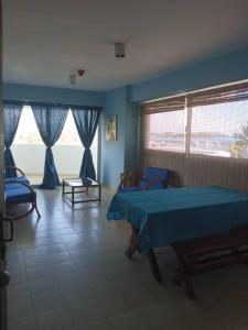 a bedroom with blue walls and a bed and windows at *Tulli Apartmentos Margarita Island* in Porlamar