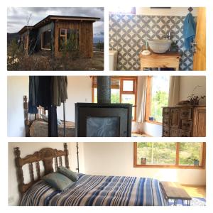 un collage de fotos de un dormitorio con cama y TV en Casa luminosa y confortable rodeada de naturaleza en San Carlos de Bariloche