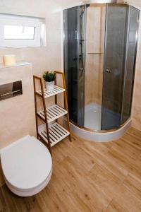 y baño con ducha, aseo y lavamanos. en Chic holiday homes for up to 6 people in Ustka, en Ustka