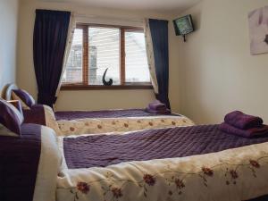two beds in a bedroom with a window at Craigrossie Cottage in Auchterarder