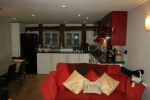 a red couch with pillows on it in a kitchen at Peel Cottage, Dilwyn in Dilwyn