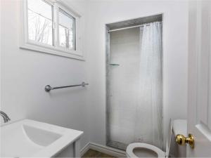 uma casa de banho branca com um chuveiro e um lavatório. em Cozy Escape, Kawarthas Cottage With Sauna em Buckhorn