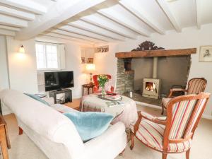 a living room with a couch and a fireplace at Holly Cottage in Minster Lovell