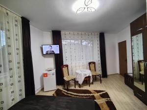 een slaapkamer met een tafel en stoelen en een televisie bij Casa Adina in Sinaia