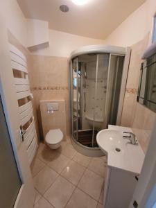 een badkamer met een wastafel, een toilet en een spiegel bij Les Pénates Corréziennes in Dampniat