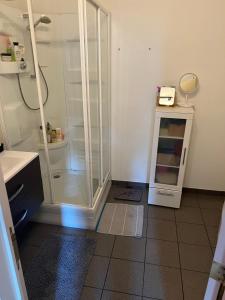 uma casa de banho com um chuveiro e uma porta de vidro em Petite maison choux em Bouillon