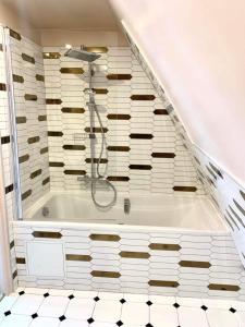 a bathroom with a bath tub in a attic at Hotel Le Clery in Paris