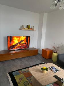ein Wohnzimmer mit einem Flachbild-TV an der Wand in der Unterkunft Apartment im Grünen in Lichtenstein