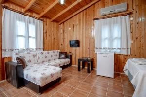 a living room with a couch and a tv in a room at ÇUHADAR AHŞAP EVLERİ in Datca