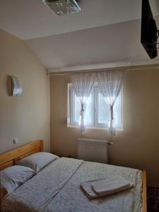 兹拉蒂博尔Apartman Trg Vila Jezero Zlatibor的一间卧室配有床,窗户配有毛巾