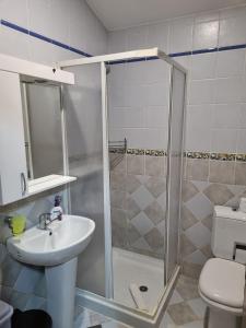 兹拉蒂博尔Apartman Trg Vila Jezero Zlatibor的带淋浴、水槽和马桶的浴室 更多2张照片