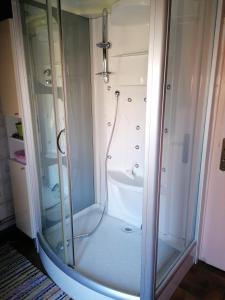 a shower with a glass door in a bathroom at Sam Bott in Chambon-sur-Voueize