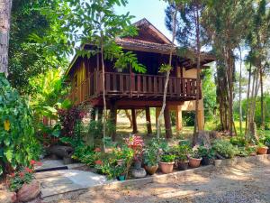 domek na drzewie z roślinami przed nim w obiekcie Khoom Kam Kaew w mieście Phrao