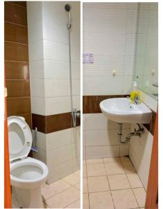 Duas fotografias de uma casa de banho com WC e lavatório. em MARGONDA RESIDENCE 3 em Kemirimuka Dua