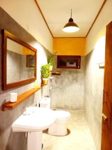 ein Badezimmer mit einem Waschbecken, einem WC und einem Spiegel in der Unterkunft Coco Garden Villas 1 in Hikkaduwa