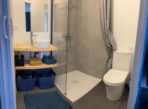 La salle de bains est pourvue d'une douche, de toilettes et d'un lavabo. dans l'établissement Blu'in - Mérignies, à Mérignies