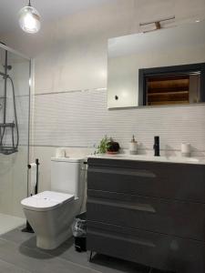 y baño con aseo, lavabo y espejo. en Apartamentos en el Valle del Jerte Flores para Angela en Cabezuela del Valle