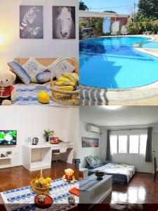 a collage of pictures of a room with a pool at 7 pool condo opposite the train station near old city and Nimman in Chiang Mai