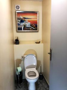 a bathroom with a toilet with a picture on the wall at Ti Kaz Furcy in Saint-Louis