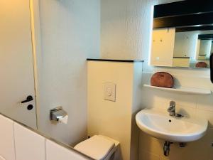 een kleine badkamer met een wastafel en een toilet bij Vissershuisje 6 te Koksijde in Koksijde