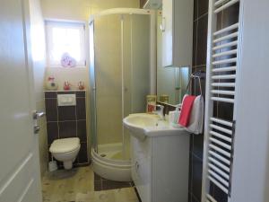 a bathroom with a shower and a toilet and a sink at Apartments JoDi pool Novalja in Novalja +30 photos
